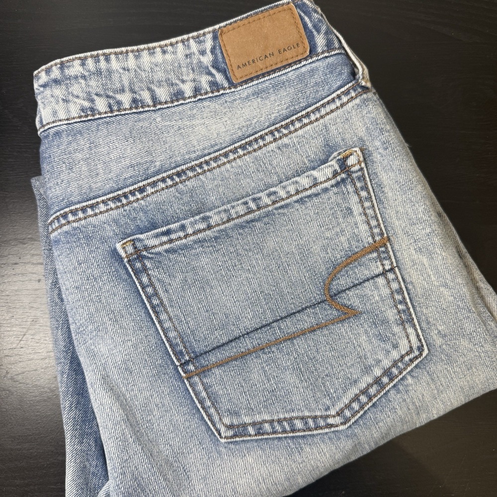 American Eagle Jeans Womens 12 L 34x31 Blue Stretch Denim Tomgirl Button‎ Fly